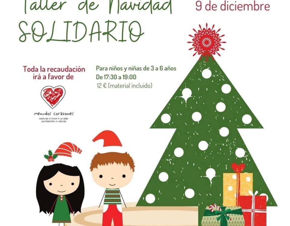 cartel del taller donde aparece la ilustración de un árbol de navidad con dos niños disfrazados con el gorro de Papá nNoel