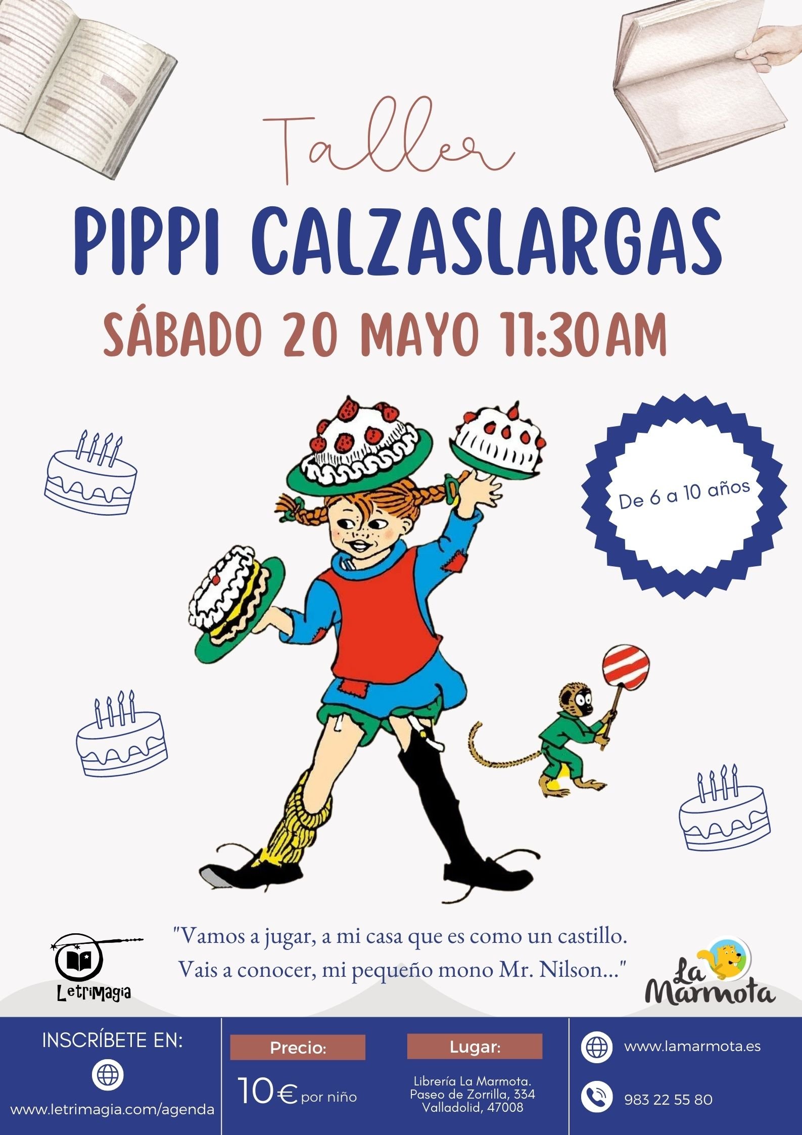 Cartel con información del taller y la ilustración de Pippi Calzaslargas