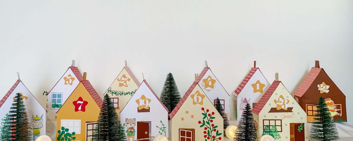calendario de adviento hecho con casitas de papel