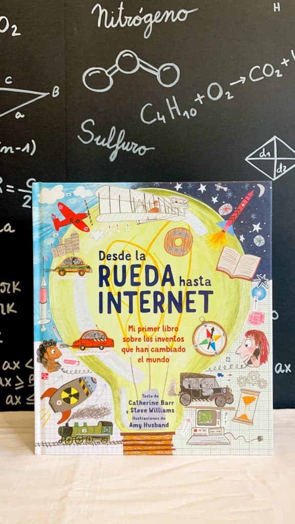 Portada del libro en la que aparece ilustrada una bombilla gigante y sobre ella, diferentes inventos.