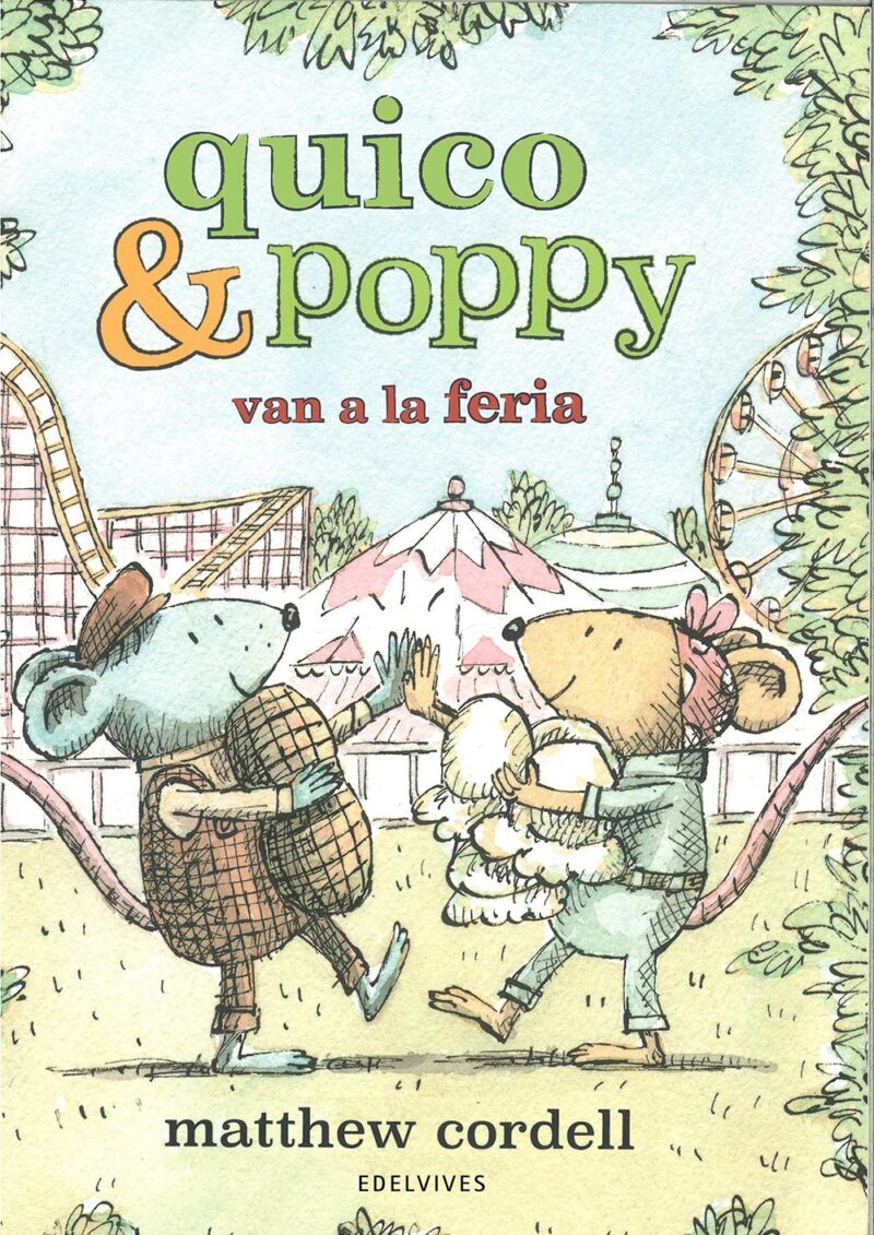 Portada del libro en la que aparecen los dos ratones protagonistas en una feria llevando cacahuetes y nubes de algodón
