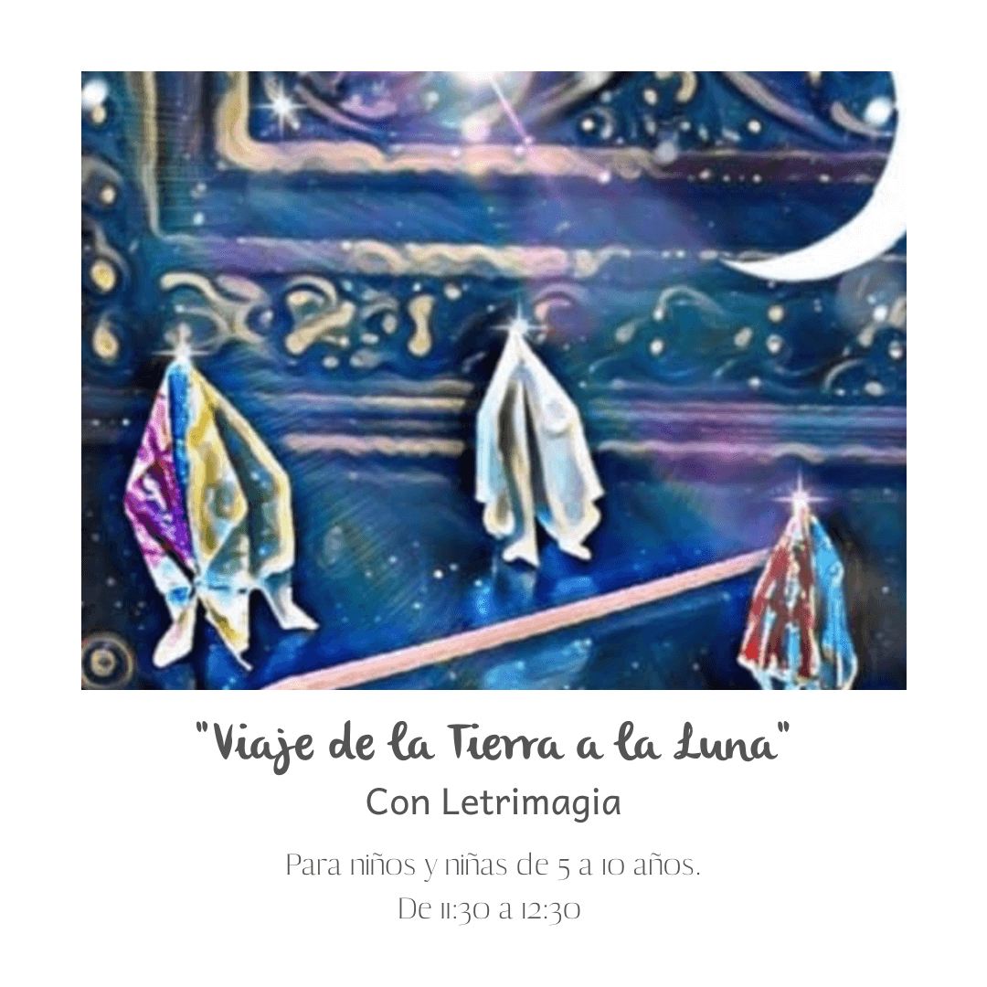 dibujo del espacio con cohetes de papel. Cartel con información del taller