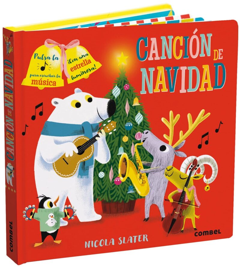 Portada del cuento en la que aparecen ilustrados un montón e animales tocando distintos instrumentos al lado de un árbol de Navidad