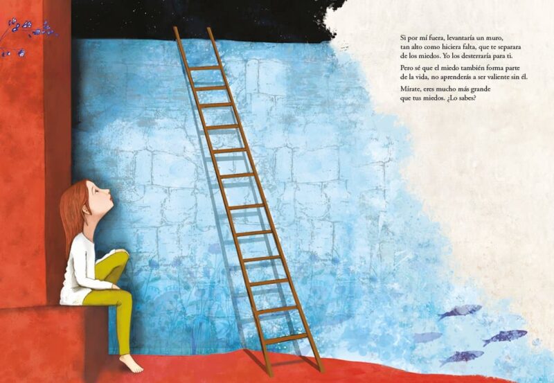 Interior del cuento en el que se ilustra a una niña sentada en frente de una escalera que se apoya en un muro