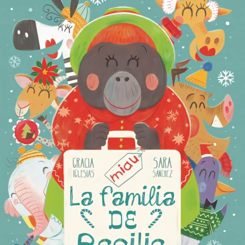 Libros y cuentos ambientados en la Navidad. Portada del cuento en la que aparece la orangutana Basilia en primer plano y detrás de ella un montón de amigos.