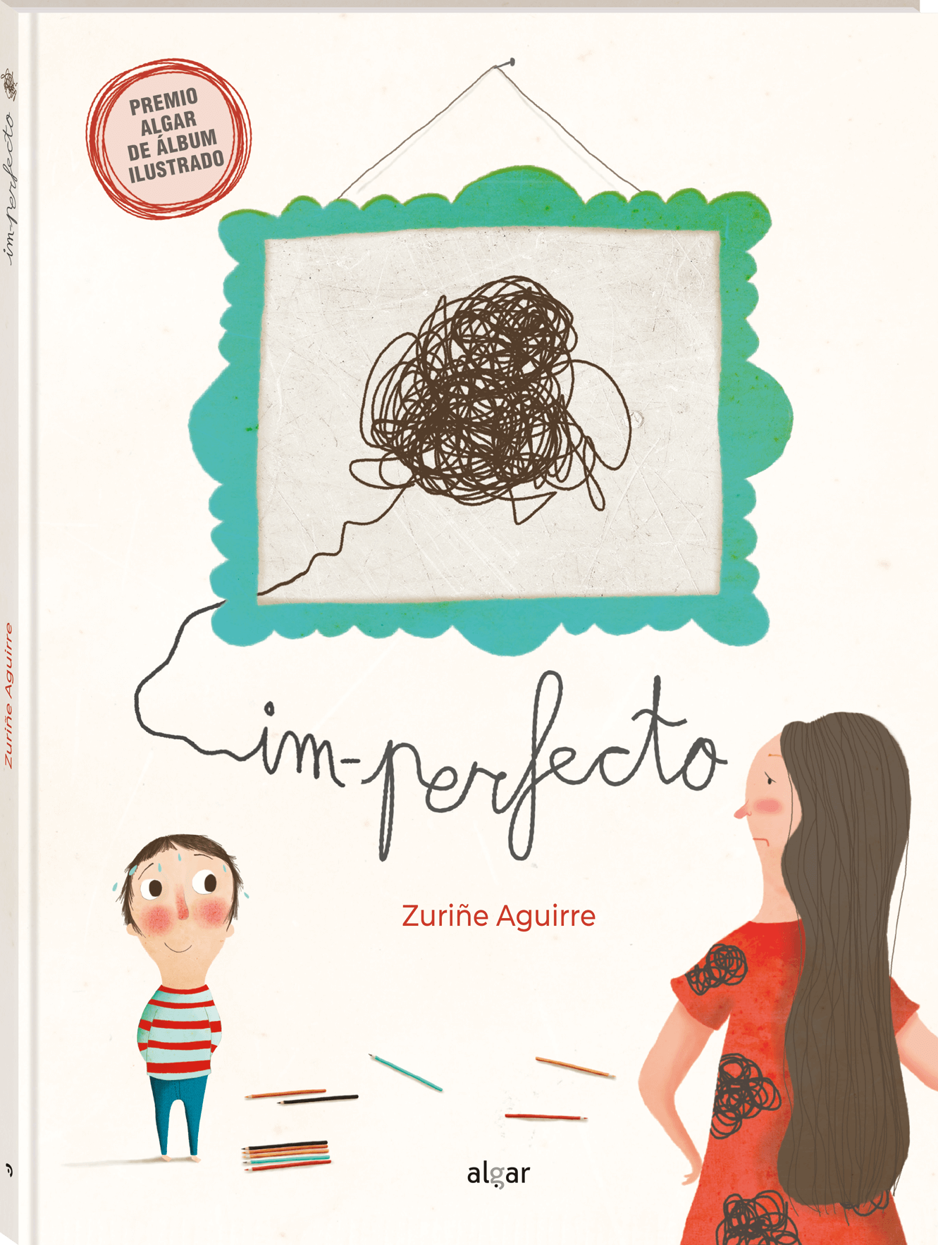 Portada del cuento en la que aparecen un niño y una mujer y un garabato saliendo de un cuadro.