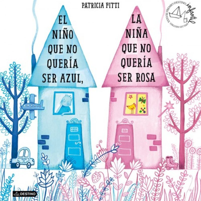 Portada del cuento en el que aparecen dos casas. Una pintada de azul, con un niño y otra pintada de rosa.