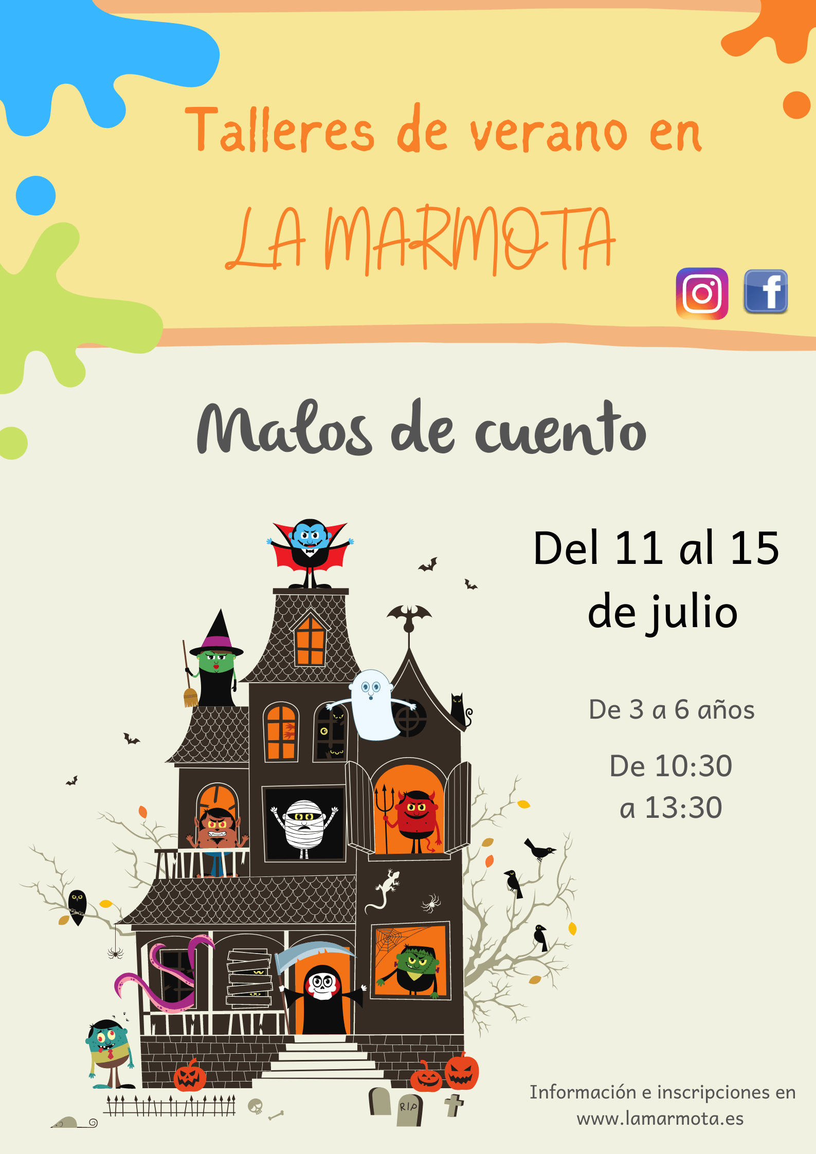 cartel con información del taller en el que aparece una casa encantada habitada por los malos de los cuentos