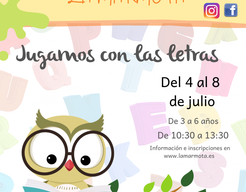 cartel informativo del taller en el que aparece la ilustración de un búho leyendo sobre un fondo de letras